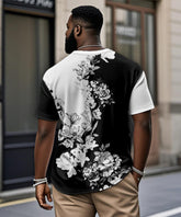 Men's Plus Size Black And White Floral Print Henley Collar Button Short Sleeve T-shirt